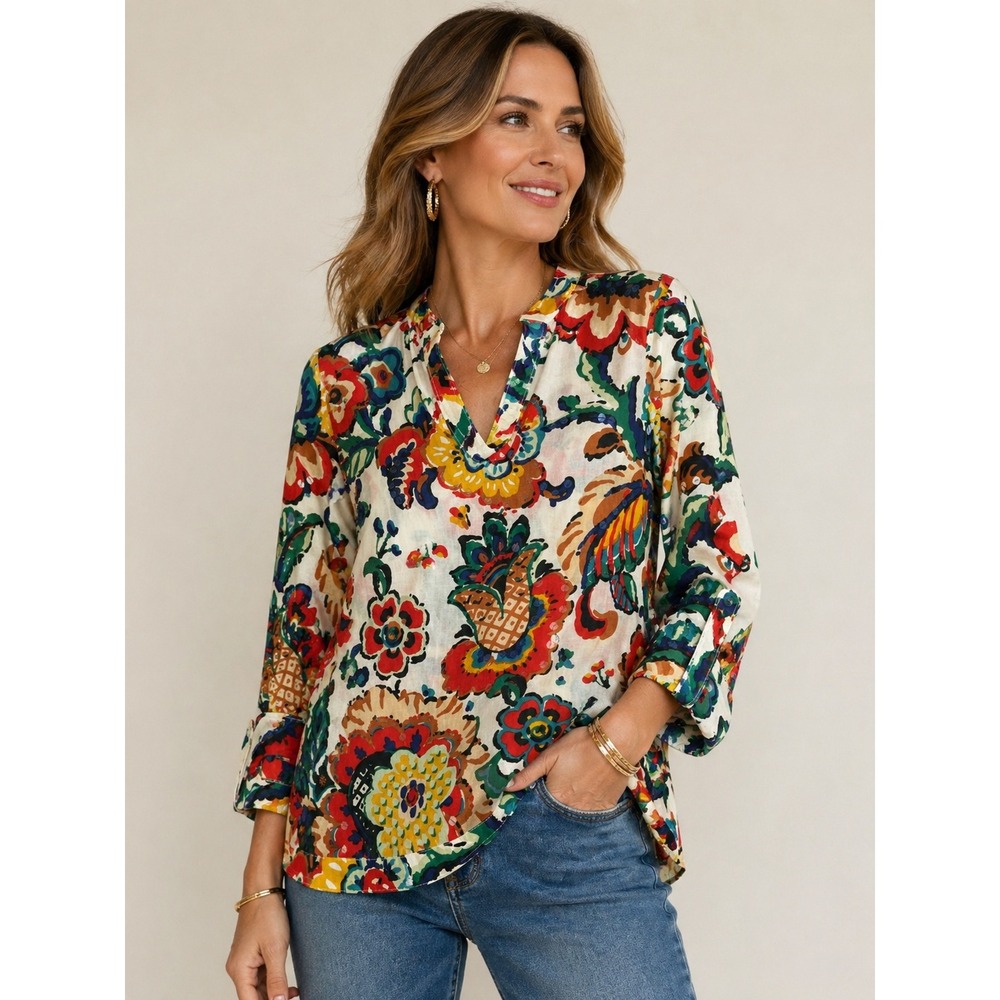 Tory Burch Stephanie Tunic Multicolor Floral Sequin Split Neck Top Size 10 NEW